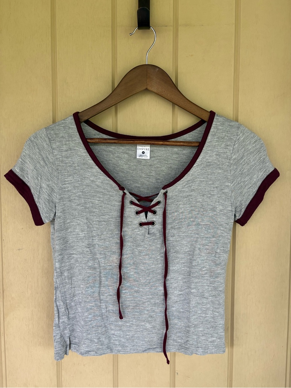 Empyre Gray Lace-Up Crop Top with Burgundy Trim